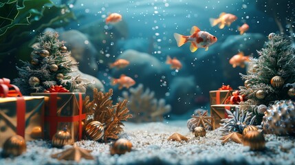 Sticker - A Christmas scene with a fish tank and a Christmas tree