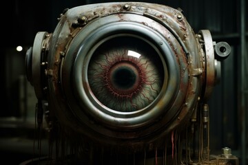 Poster - Close-up of a surreal and intricate mechanical eye with artificial vision, showcasing futuristic technology and cybernetic design in a sci-fi, robotic, and industrial steampunk machine