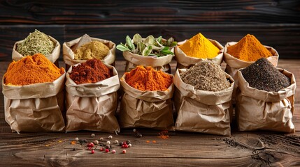 Fototapete - A close-up view of various dry spices in open paper bags arranged on a wooden surface. The vibrant colors and textures of the spices, including turmeric, paprika, and cinnamon, create 