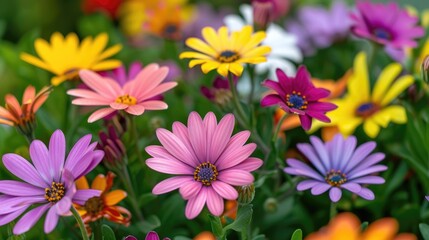 Wall Mural - Close up image of multicolored Marguerite daisy flowers in a cultivated field