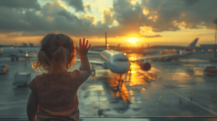 Child, watching from the window of the airport the planes, taking off and landing while waiting at to board 