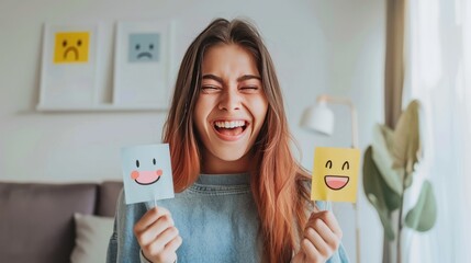 Emotional intelligence concept. Female holding happy and angry emoji. Feedback rating, balance emotion control.