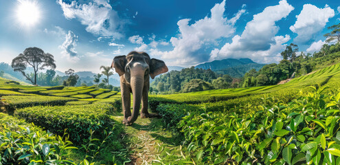 Poster - A panoramic photo of an elephant walking through the tea plantations