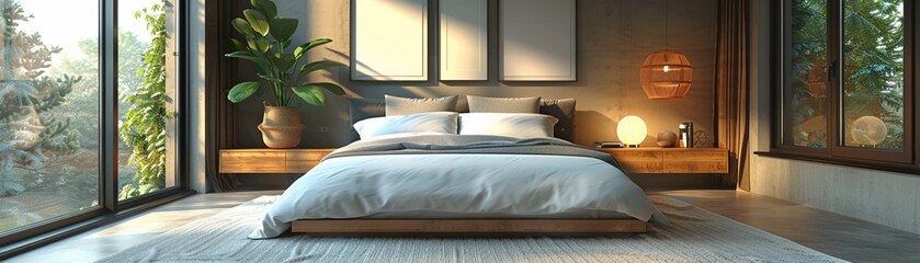 Cozy modern bedroom beige tones soft bedding minimalist decor three framed artworks above bed warm natural lighting