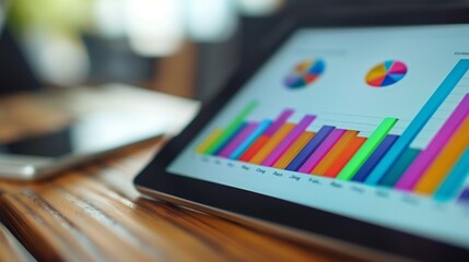 Poster - Close-up of a tablet screen displaying a colorful bar chart, representing sales data
