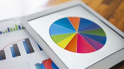 Poster - Close-up of a tablet screen displaying a colorful pie chart, illustrating market share