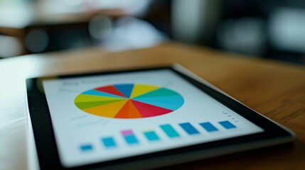 Poster - Close-up of a tablet screen displaying a colorful pie chart, illustrating market share