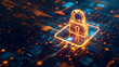 © peachy.agency - An abstract orange lock icon glowing on top of blue circuit board, symbolizing the concept of cyber security and data protection in modern technology
