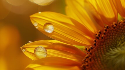 Aufkleber - Close-up of a water droplet suspended on the edge of a sunflower's golden petal, catching the sunlight