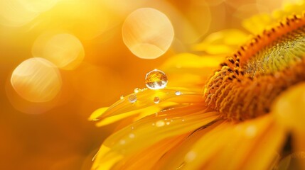 Aufkleber - Close-up of a water droplet suspended on the edge of a sunflower's golden petal, catching the sunlight