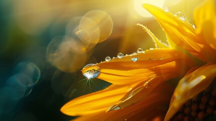 Aufkleber - Close-up of a water droplet suspended on the edge of a sunflower's golden petal, catching the sunlight