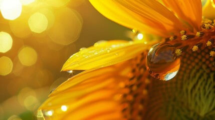 Aufkleber - Close-up of a water droplet suspended on the edge of a sunflower's golden petal, catching the sunlight