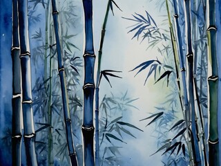 Wall Mural - Enchanting watercolor painting of bamboo foliage in shades of blue, creating a magical backdrop.