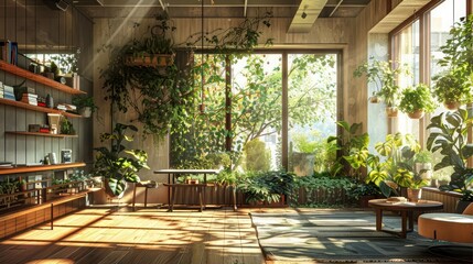 Sunlit room filled with vibrant greenery and cozy furniture, perfect for relaxation and a touch of nature indoors.