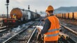 © apirom - Engineer writing down observations and plans at a railway construction area, with the backdrop of a freight train moving through an open landscape