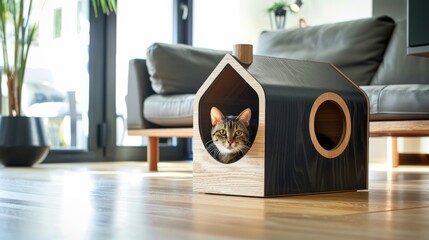 Poster - Designer cat house shaped like a small house with a chimney, placed in a modern living room, with a cat inside