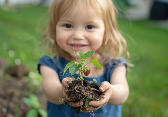 Canvas Print - A young child holding up a freshly planted strawberry plant, with the focus on their hands and soil textures, set in a sunny garden setting