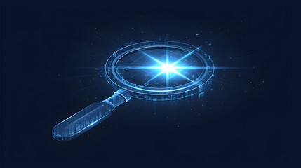 Futuristic digital magnifying glass with glowing blue lines symbolizing high-tech data analysis.