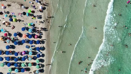 Wall Mural - top view from drone at beach and azure sea. aerial view on beach, people and umbrellas. europe, medi