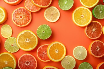 Wall Mural - Citrus fruits top view on orange background with copy space, fresh citrus fruit arrangement for healthy lifestyle concept