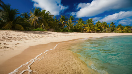 Wall Mural - Beautiful beige beach sand, teal water