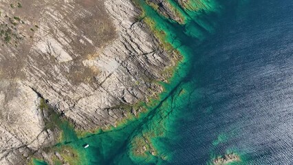 Wall Mural - drone view of the sea coast. rocky shore and sea water. vacation and travel. summer seascape. aerial