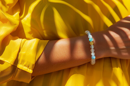 A woman's wrist adorned with a moonstone bracelet, standing out on a vibrant yellow backdrop.