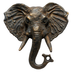 Vintage bronze elephant head sculpture wall hook, intricate details and rustic finish, ideal for rustic and safari-themed home decor.