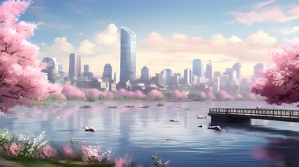 Wall Mural - Cherry blossoms in full bloom over a lake with a cityscape