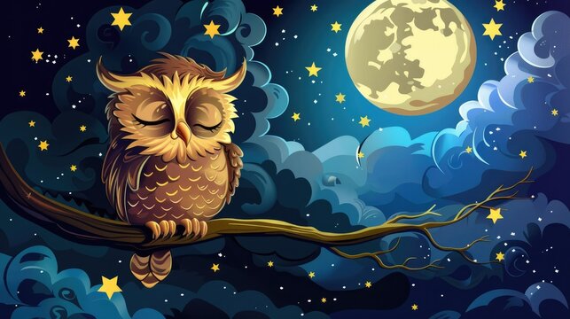 Adorable owl cartoon with a playful wink, perched on a moonlit branch with a nighttime sky.