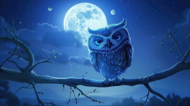 Adorable owl cartoon with a playful wink, perched on a moonlit branch with a nighttime sky.