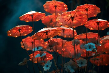 Wall Mural - Artistic image of vibrant red flowers illuminated to glow against a moody twilight backdrop