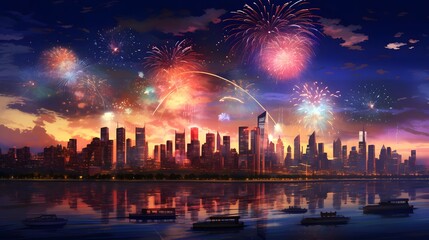 Wall Mural - Fireworks over the city at night. Panoramic image.