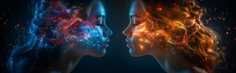 Wall Mural - two beautiful women facing each other, their faces merging with cosmic energy made of blue and orang