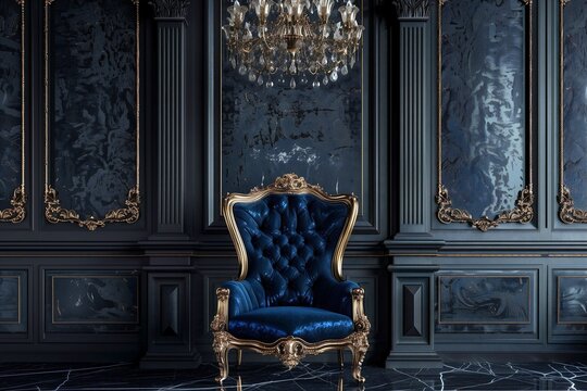 Antique chair in room backdrop, French rococo, navy blue with gold trimmings and a chandelier.