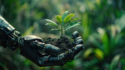 environmental technology concept, robot hand holding small plants, artificial intelligence and techn