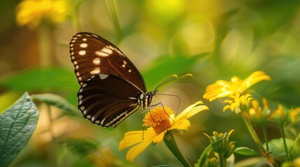 Wall Mural - Brown butterfly with white spots feeding on nectar from a yellow green flower