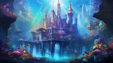 3D illustration of a fantasy landscape with a mosque and a ship