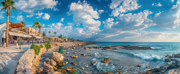 Wall Mural - Scenic sunset view of cyprus coastline with blue sky and clouds travel and beauty of nature landscape at sea