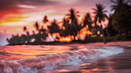 Wall Mural - Bokeh photo of beach with palm trees, waves crashing, and sunset in the background