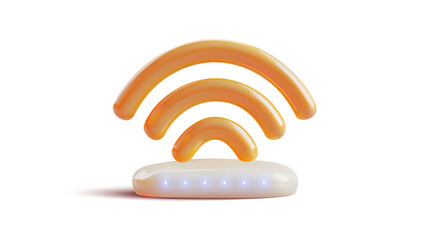 Poster - 3D illustration of an orange Wi-Fi symbol with a white base, featuring glowing blue LED lights. This image is perfect for representing wireless technology, internet connectivity, and network concepts.
