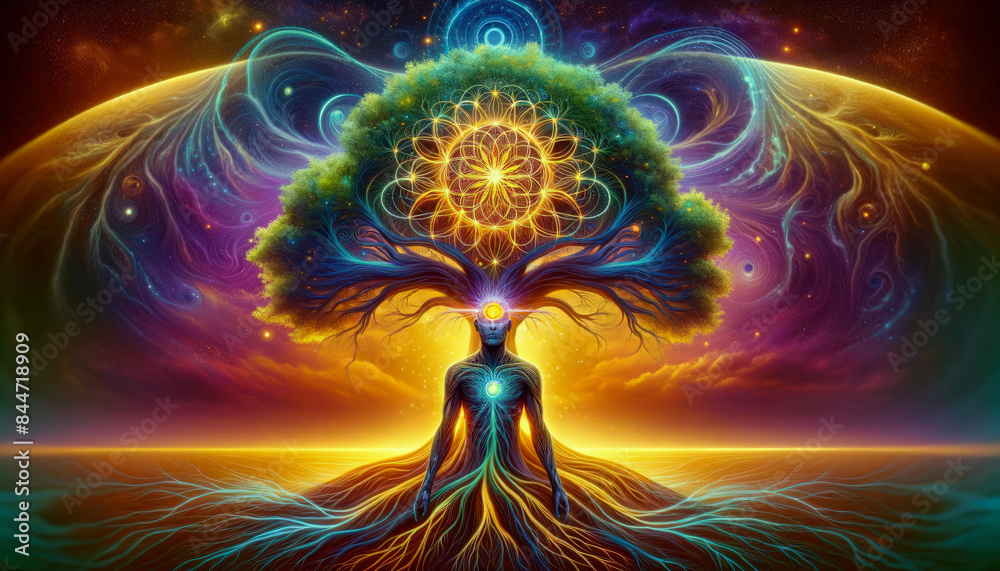 Mythical Figure Under Tree of Life: Radiant Third Eye and Cosmic Energy ...