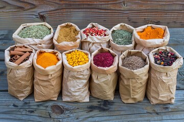 Poster - Various dry spices are arranged in open paper bags on a rustic wooden surface. Generative AI