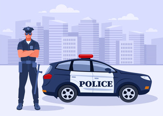 A policeman in uniform and wearing a cap stands in the city next to a police car. The concept of police work, protection of law and order on the streets of the city. Vector illustration in blue color.