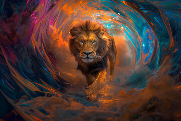 Wall Mural - lion in the sun, An epic and artistic illustration of a lion on a cinematic adventure, depicted with an abstract 3D wallpaper background