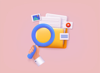Poster - 3D document list icon. Paper document. Folder with magnifying glass and files. 3D Web Vector Illustrations.