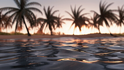 Bokeh photo of beach with palm trees, waves crashing, and sunset in the background