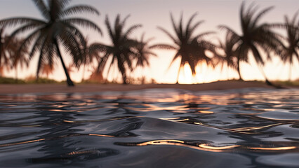 Wall Mural - Bokeh photo of beach with palm trees, waves crashing, and sunset in the background