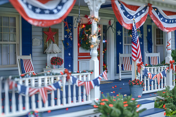 Wall Mural - A detailed image of a family decorating their front porch with American flags, bunting, and red, white, and blue streamers 