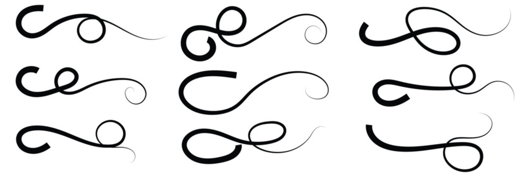 Hand drawn collection of curly swishes, swashes, swoops. Calligraphy swirl. Highlight text elements. Vector illustration.	